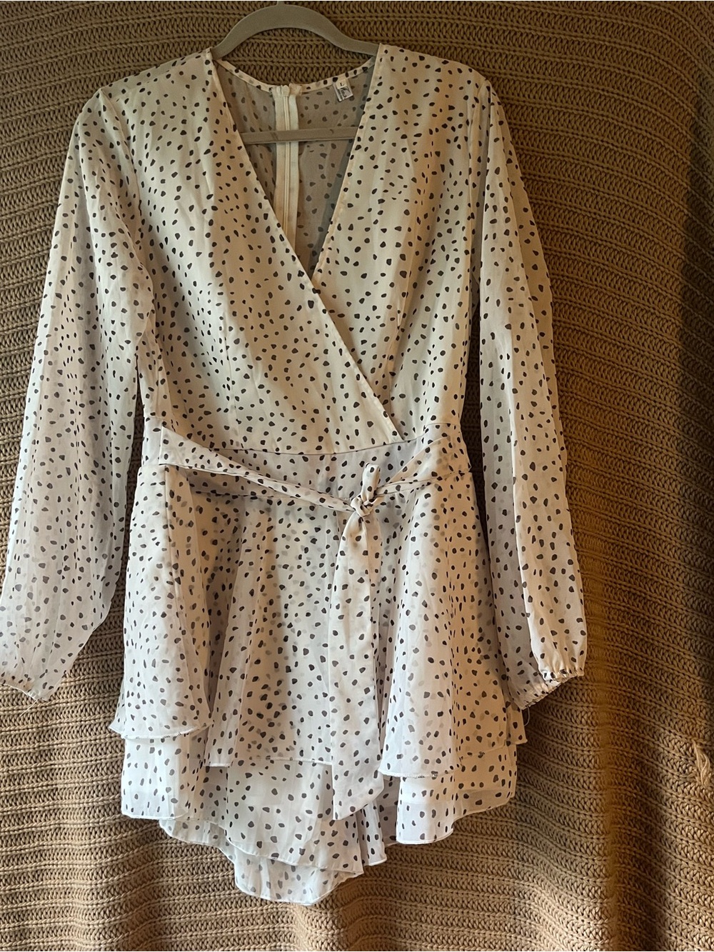 Classic Cream Wrap Dress with Black Dot Pattern